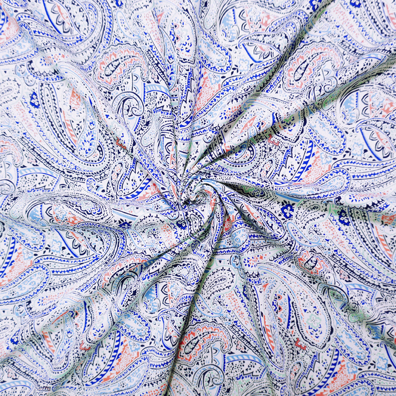 Blue-White-Multi Washed Rayon Paisley Printed Twill Woven Fabric
