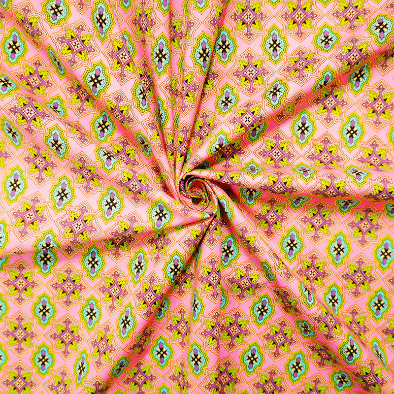 Pink-Multi Cotton Stretch Moroccan Printed Poplin Woven Fabric
