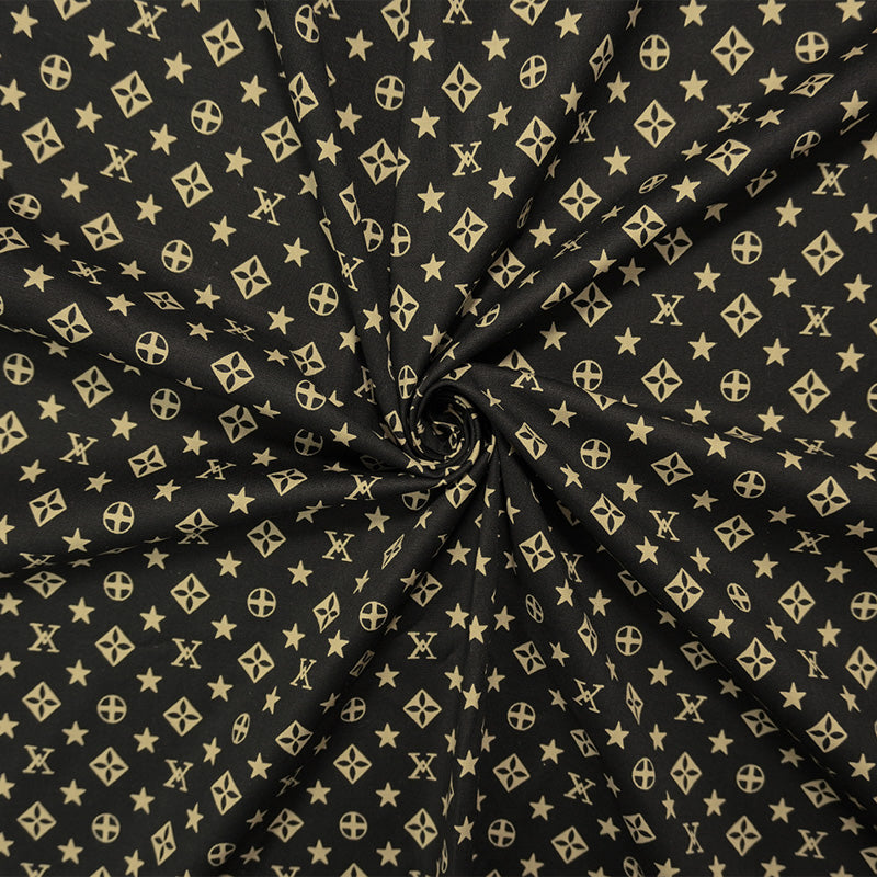 Beige-Black Cotton Stretch Geometric Print Poplin Woven Fabric