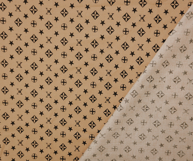 Beige-Black Cotton Stretch Geometric Print Poplin Woven Fabric