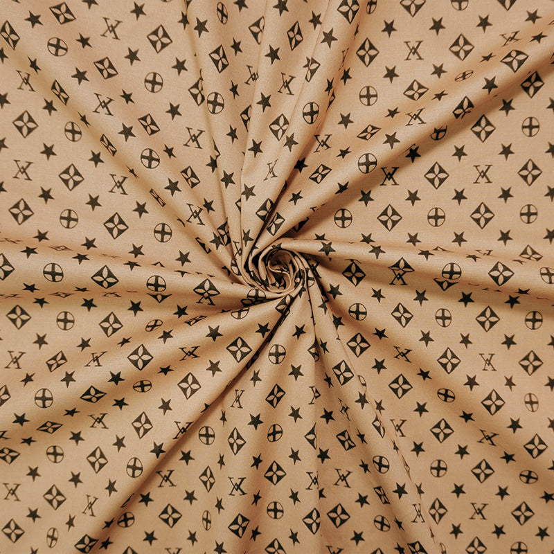 Beige-Black Cotton Stretch Geometric Print Poplin Woven Fabric
