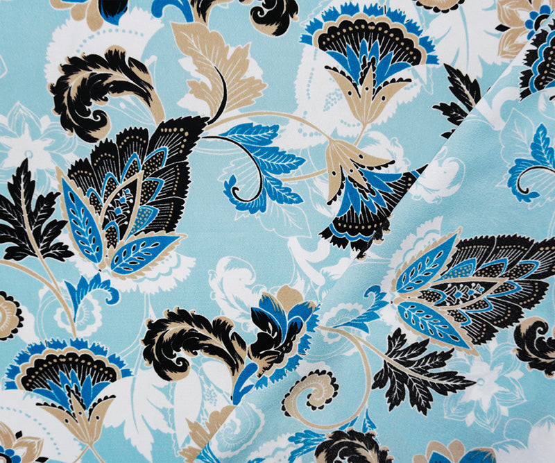 Blue-White-Multi Poly Floral Printed Crepe Woven Fabric