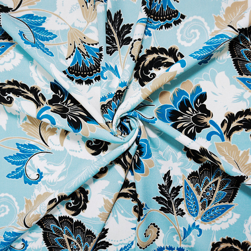 Blue-White-Multi Poly Floral Printed Crepe Woven Fabric