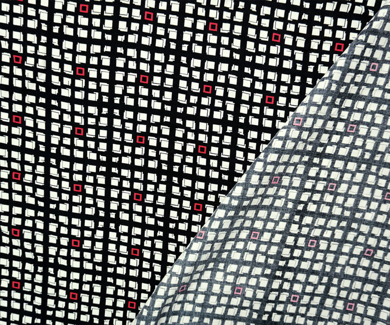 Black-White-Red Rayon Geometry Printed Twill Woven Fabric
