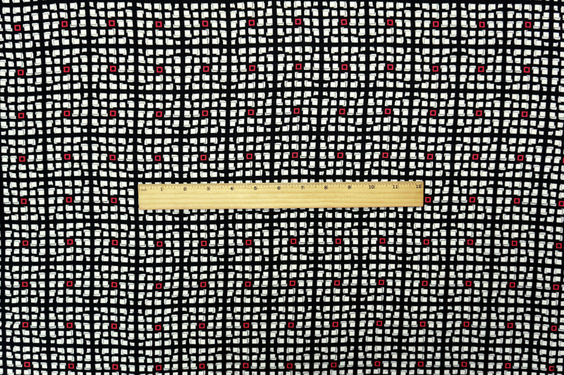 Black-White-Red Rayon Geometry Printed Twill Woven Fabric