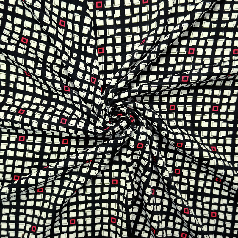 Black-White-Red Rayon Geometry Printed Twill Woven Fabric