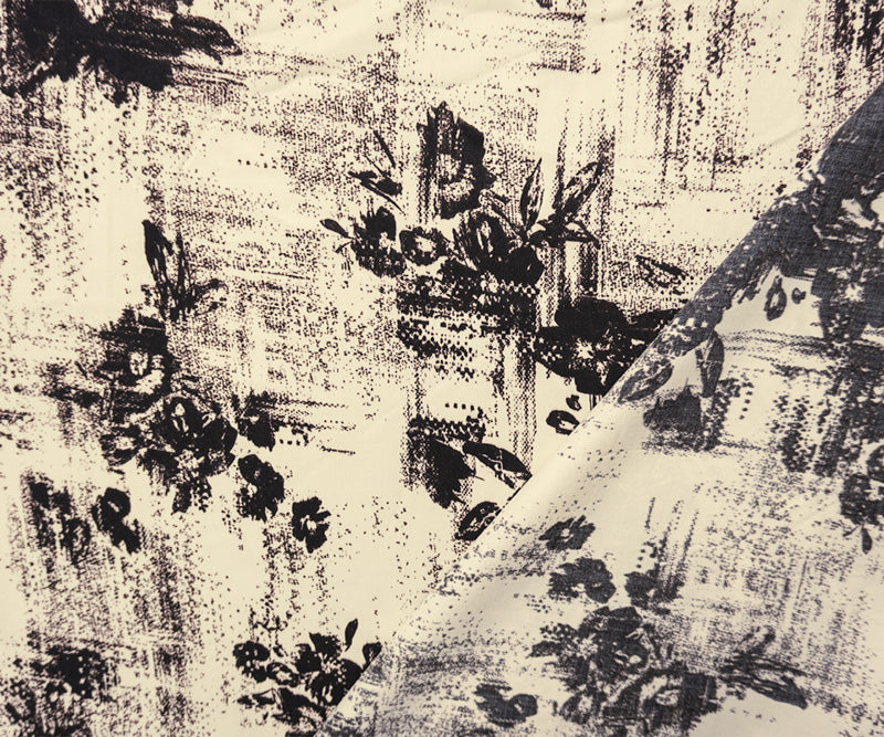 Ivory-Black-Brown Rayon Abstact Floral Printed Twill Woven Fabric