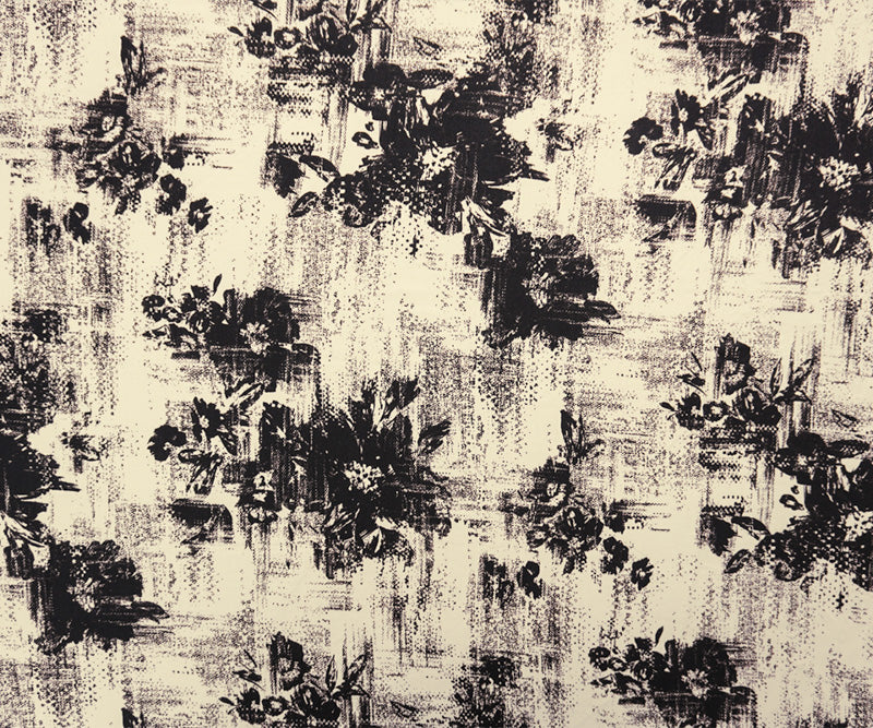 Ivory-Black-Brown Rayon Abstact Floral Printed Twill Woven Fabric