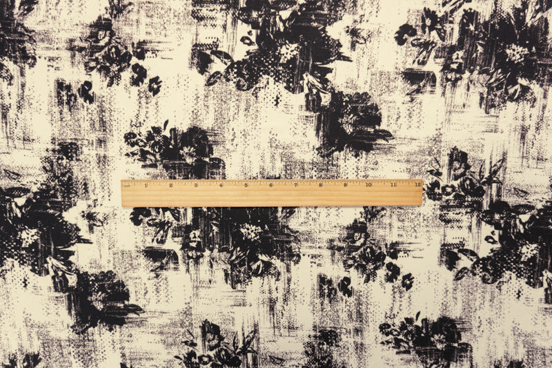 Ivory-Black-Brown Rayon Abstact Floral Printed Twill Woven Fabric