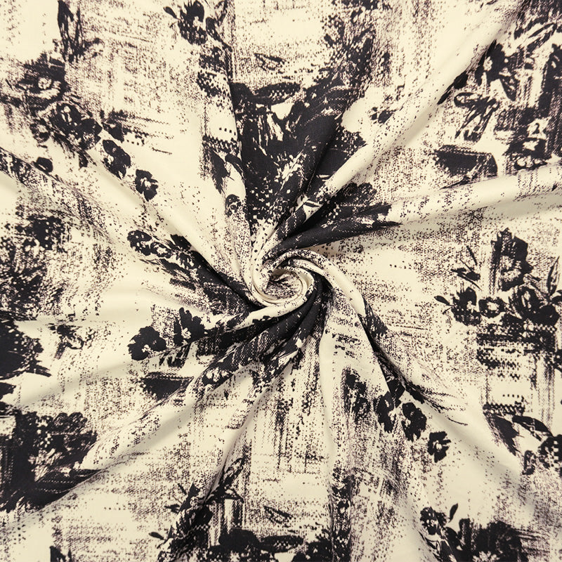 Ivory-Black-Brown Rayon Abstact Floral Printed Twill Woven Fabric
