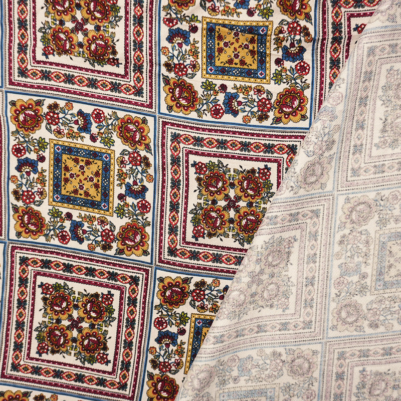Ivory-Red-Multi Rayon Floral Tile Printed Twill Woven Fabric