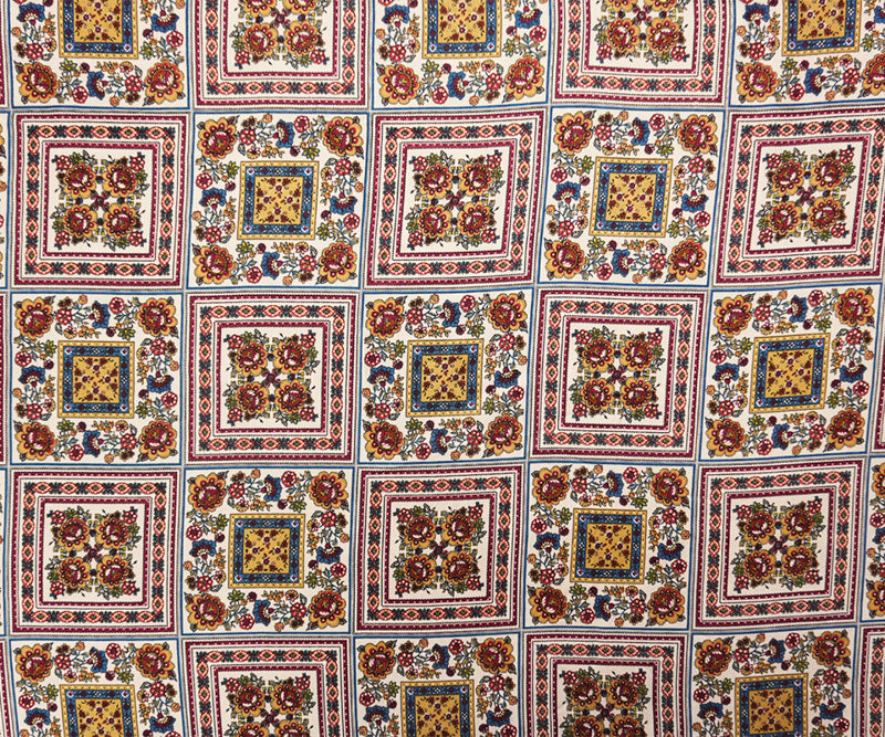 Ivory-Red-Multi Rayon Floral Tile Printed Twill Woven Fabric