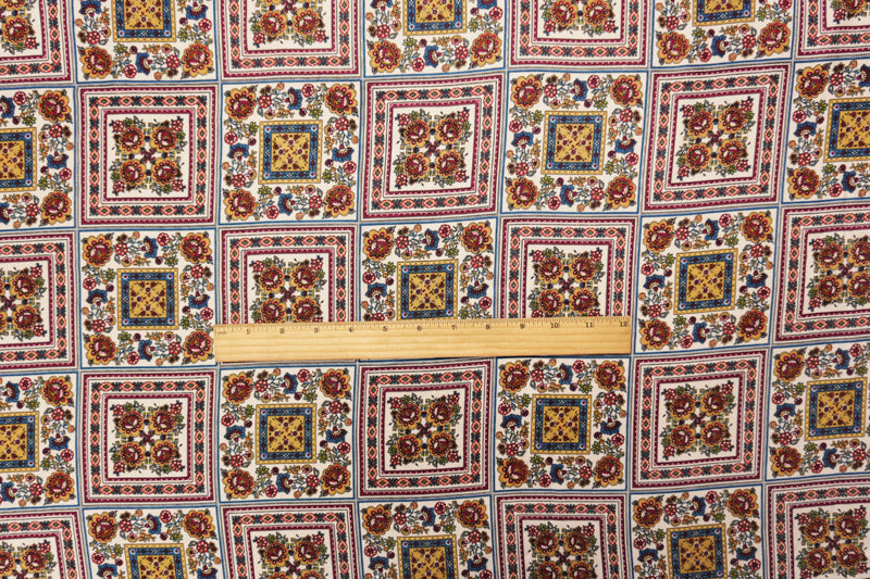 Ivory-Red-Multi Rayon Floral Tile Printed Twill Woven Fabric
