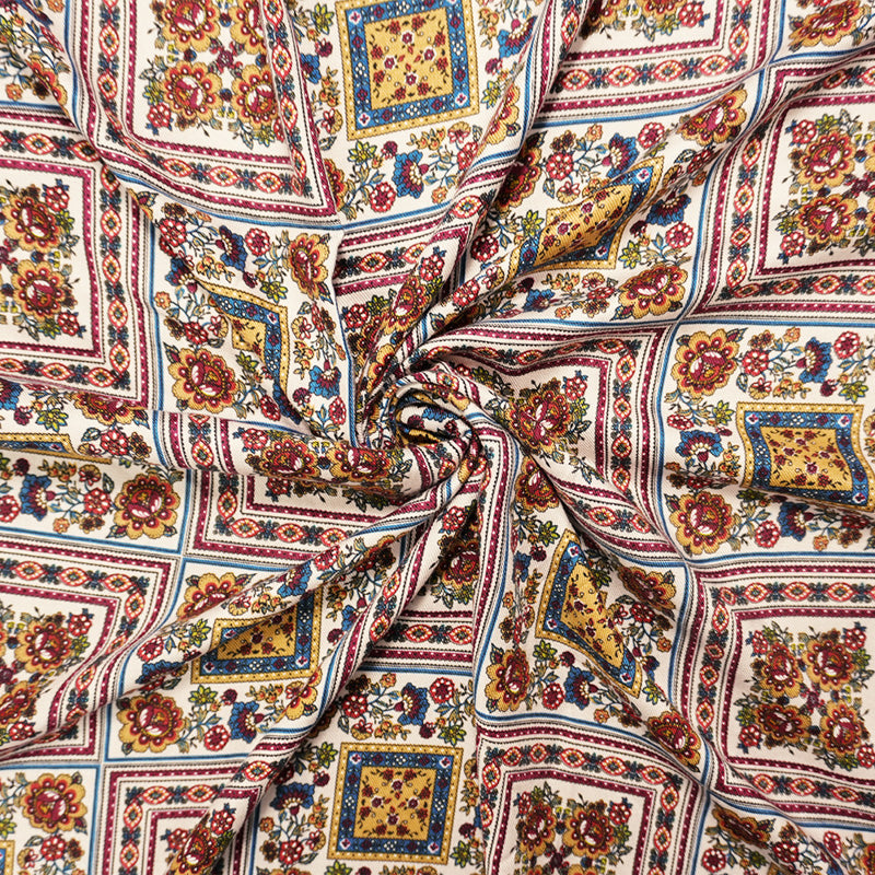 Ivory-Red-Multi Rayon Floral Tile Printed Twill Woven Fabric