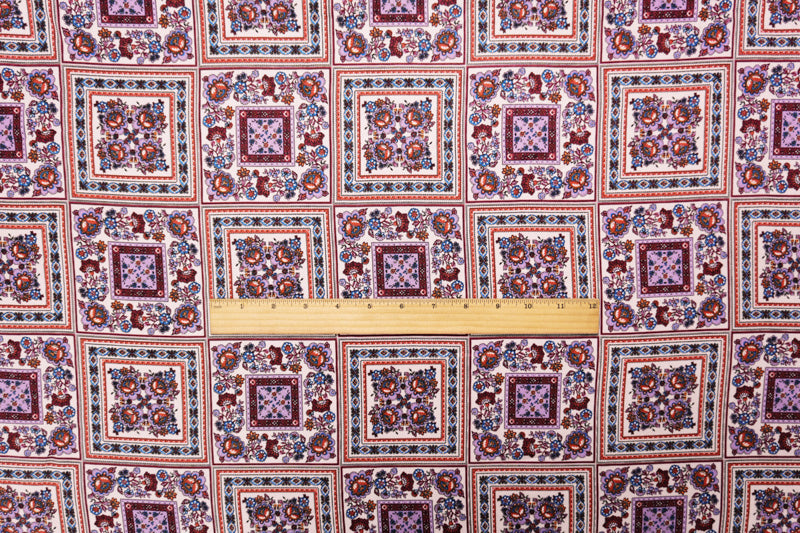 Ivory-Purple-Multi Rayon Floral Tile Printed Twill Woven Fabric