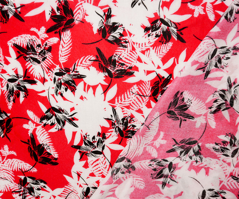 Red-White-Black Rayon Floral Printed Crepe Woven Fabric