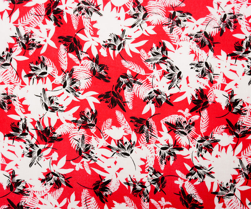 Red-White-Black Rayon Floral Printed Crepe Woven Fabric