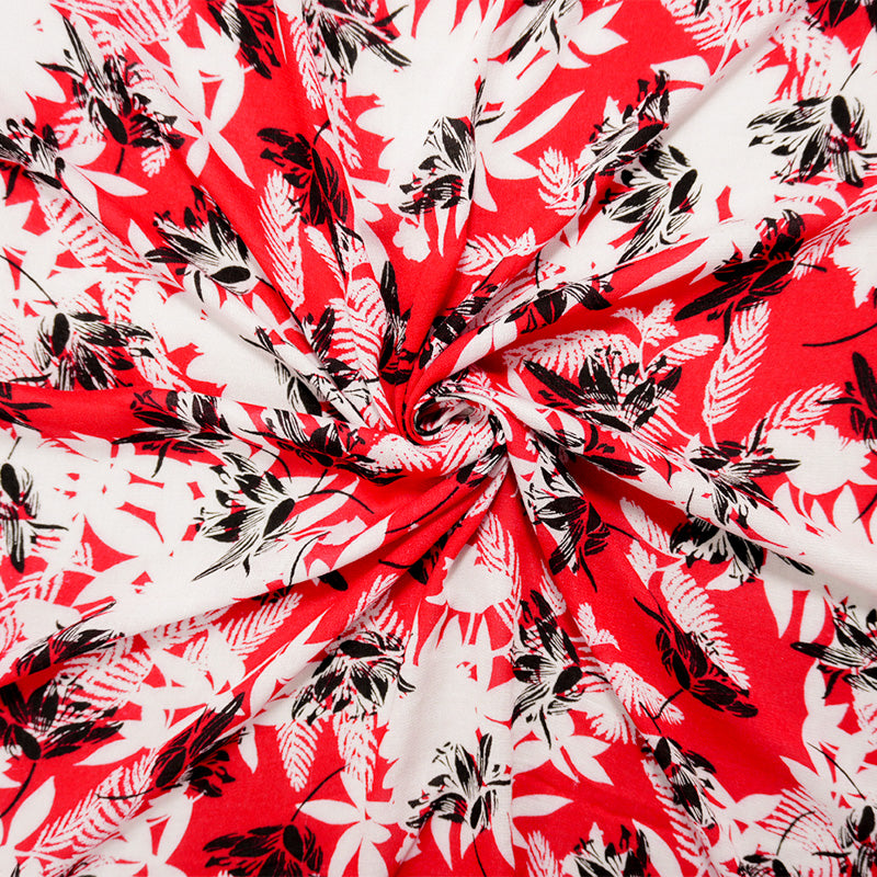 Red-White-Black Rayon Floral Printed Crepe Woven Fabric