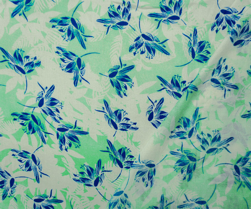 Teal-White-Blue Rayon Floral Printed Crepe Woven Fabric