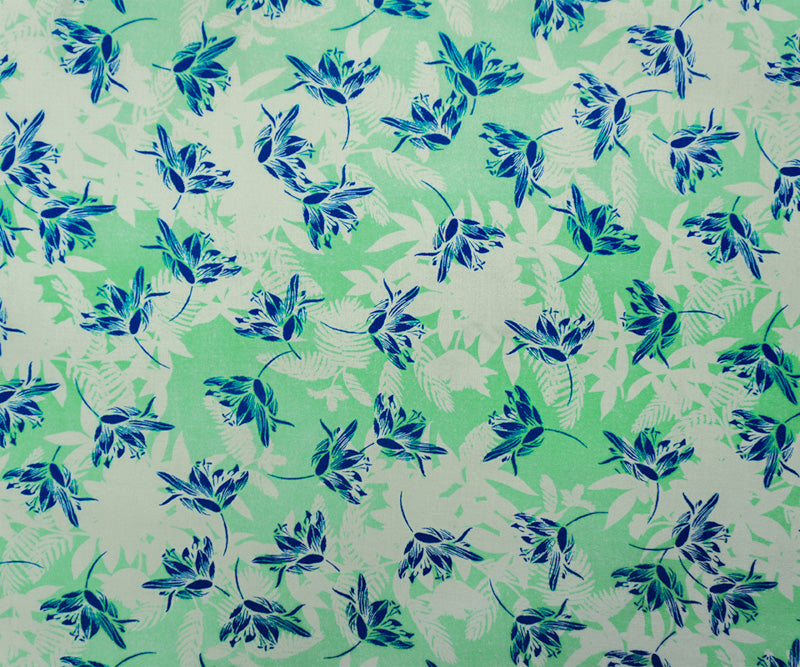 Teal-White-Blue Rayon Floral Printed Crepe Woven Fabric