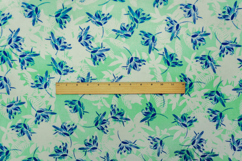 2 YD PC-Teal-White-Blue Rayon Floral Printed Crepe Woven Fabric