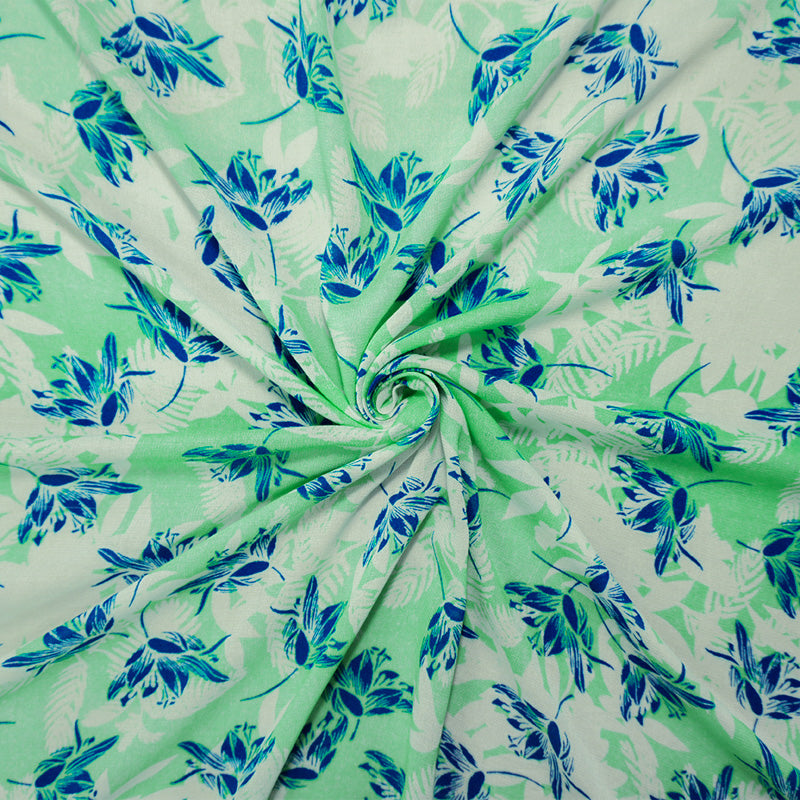 2 YD PC-Teal-White-Blue Rayon Floral Printed Crepe Woven Fabric