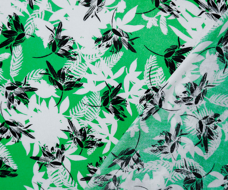 Green-White-Black Rayon Floral Printed Crepe Woven Fabric