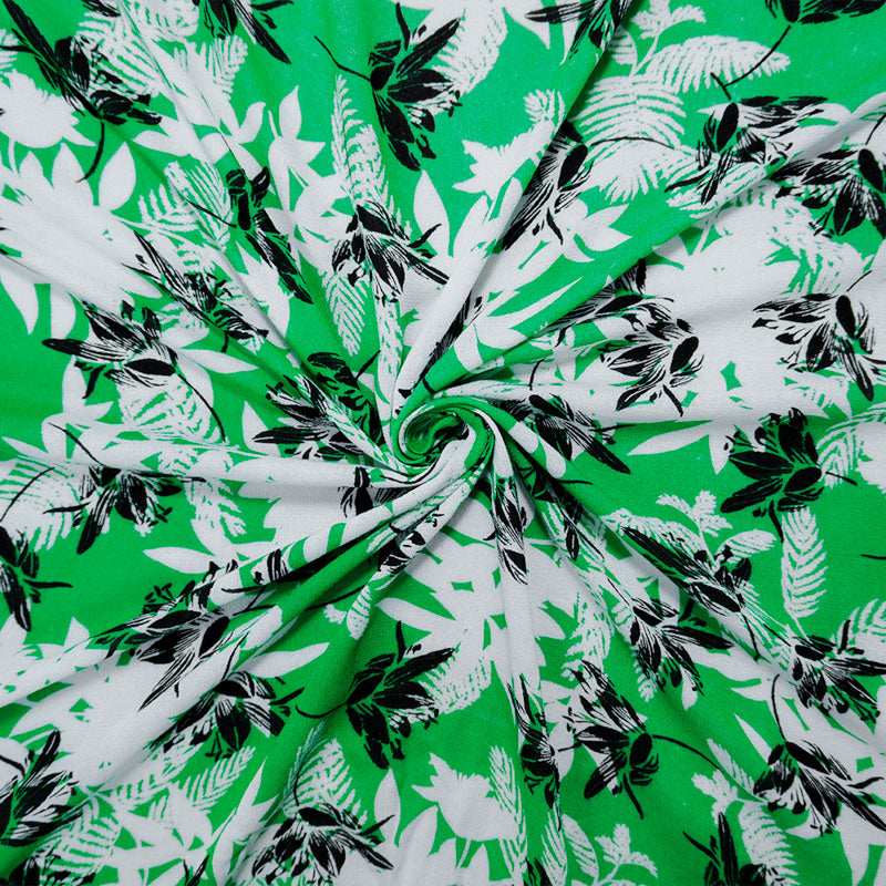 Green-White-Black Rayon Floral Printed Crepe Woven Fabric
