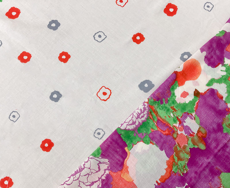 Ivory-Purple-Multi Cotton Floral Border Printed Voile Woven Fabric