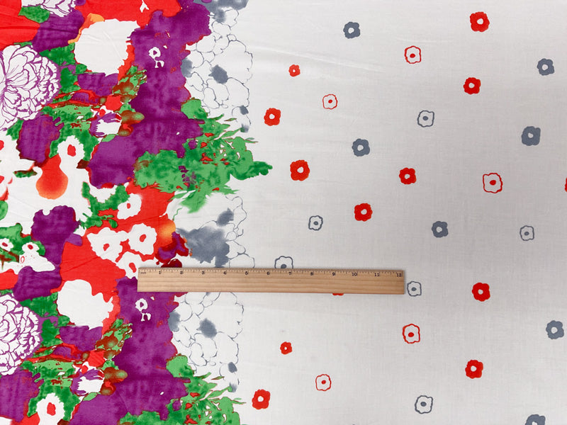 Ivory-Purple-Multi Cotton Floral Border Printed Voile Woven Fabric