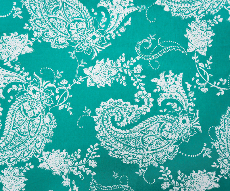 Teal-White Cotton Paisley Printed Poplin Woven Fabric