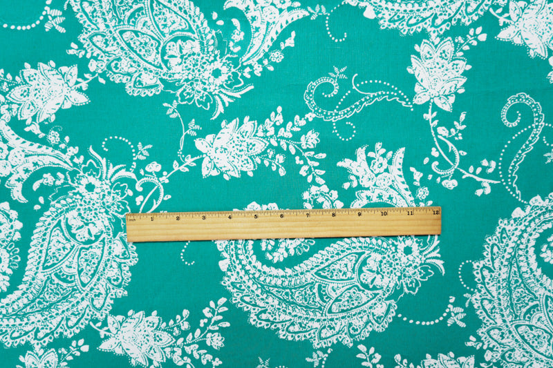 Teal-White Cotton Paisley Printed Poplin Woven Fabric