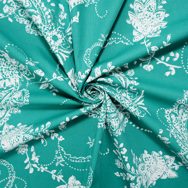 Teal-White Cotton Paisley Printed Poplin Woven Fabric
