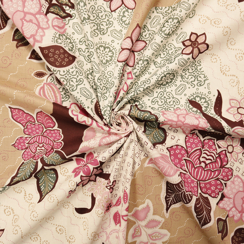 Beige-Ivory-Multi Cotton Floral Printed Lawn Woven Fabric