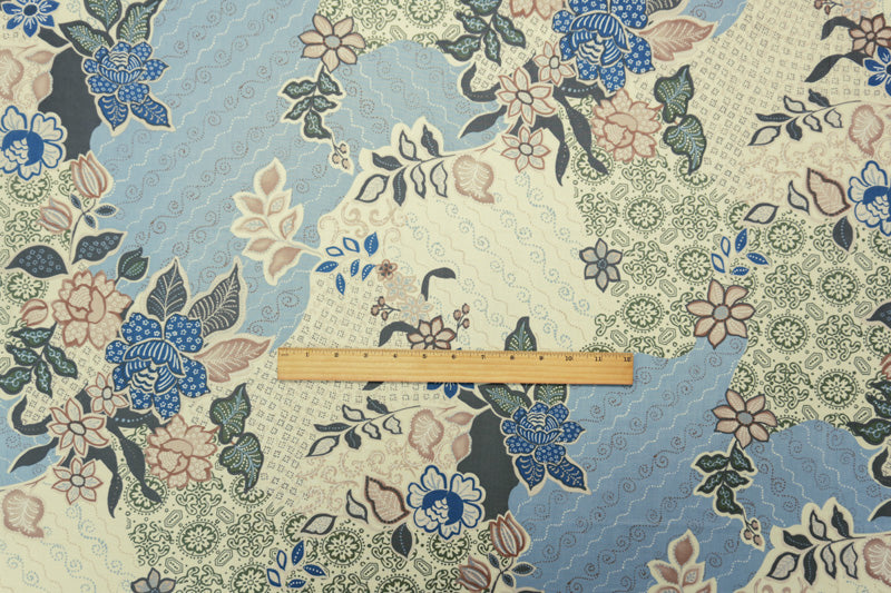 Blue-Ivory-Multi Cotton Floral Printed Lawn Woven Fabric