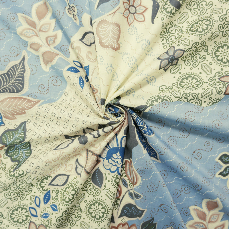 Blue-Ivory-Multi Cotton Floral Printed Lawn Woven Fabric
