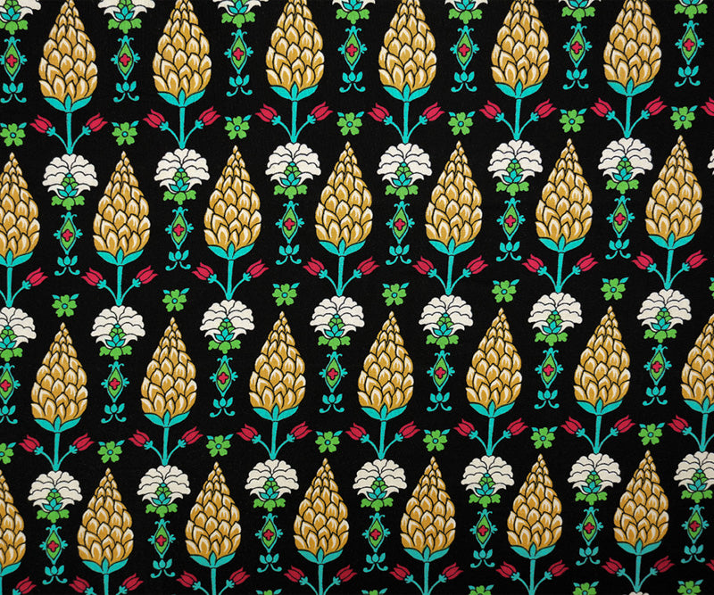 Black-Yellow-Multi Rayon Hops Floral Printed Challis Woven Fabric