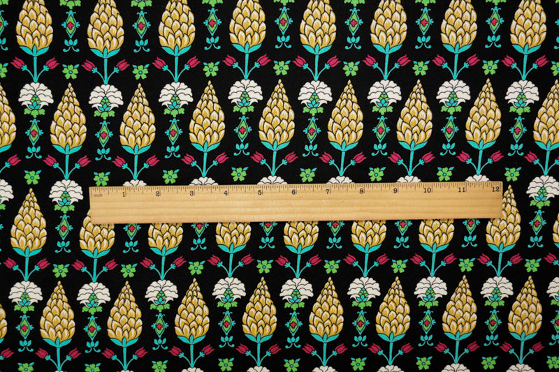Black-Yellow-Multi Rayon Hops Floral Printed Challis Woven Fabric