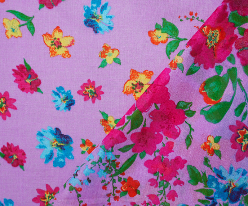 Purple-Red-Multi Cotton Floral Border Printed Gauze Woven Fabric