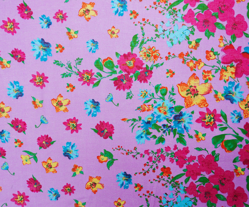 Purple-Red-Multi Cotton Floral Border Printed Gauze Woven Fabric