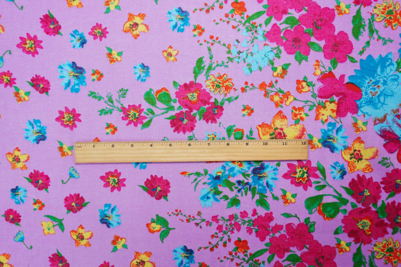 Purple-Red-Multi Cotton Floral Border Printed Gauze Woven Fabric
