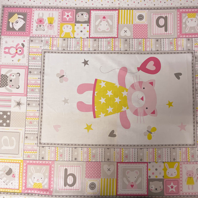 1 YD PC- PANEL Pink-Gray Cuddly Cat 100% Cotton Remnant Fabric