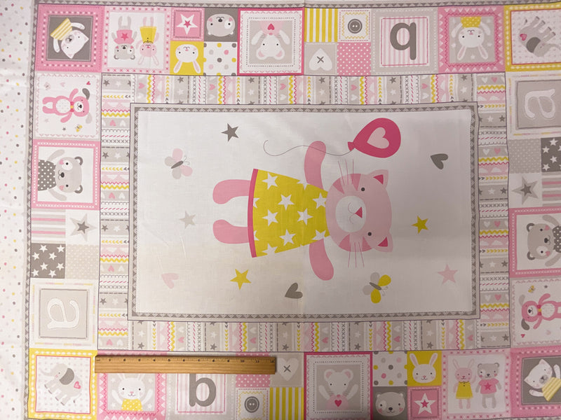 1 YD PC- PANEL Pink-Gray Cuddly Cat 100% Cotton Remnant Fabric
