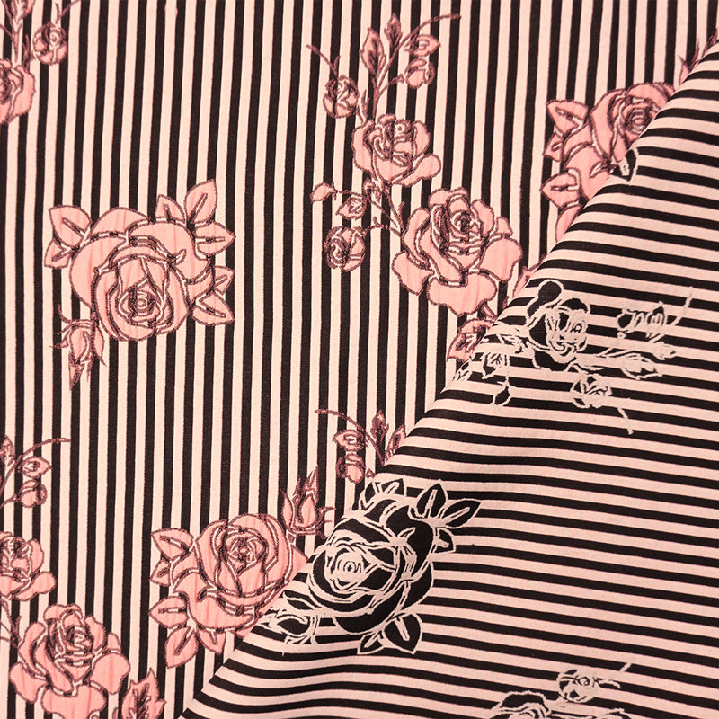 Black-Pink Poly Stripe Floral Matelasse Double Woven Fabric
