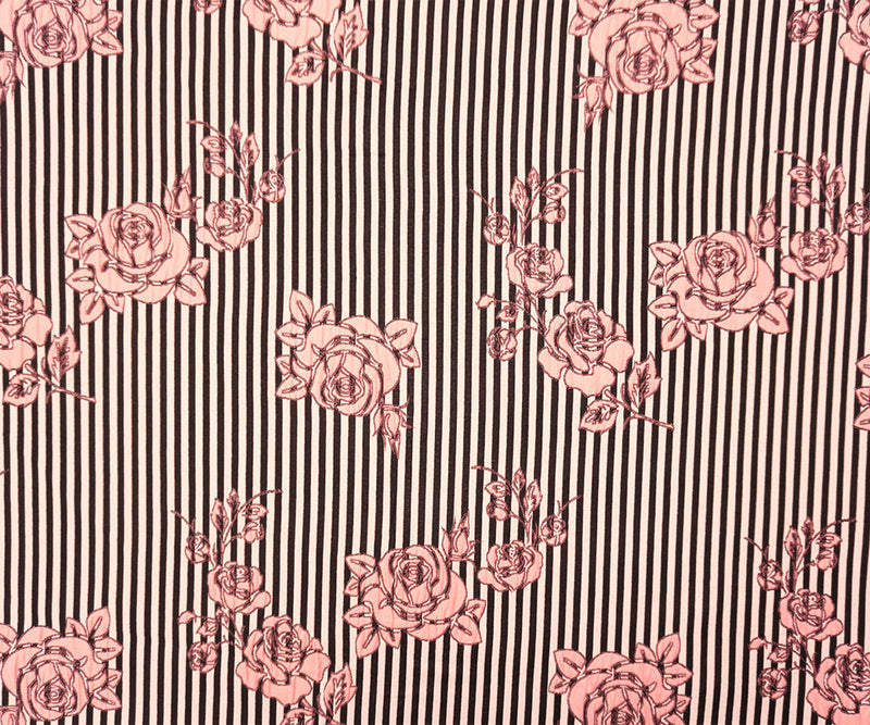 Black-Pink Poly Stripe Floral Matelasse Double Woven Fabric