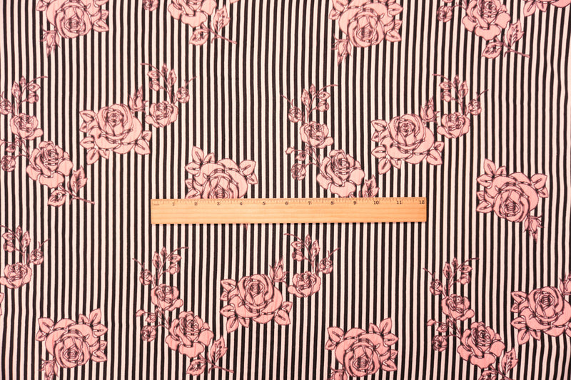 Black-Pink Poly Stripe Floral Matelasse Double Woven Fabric