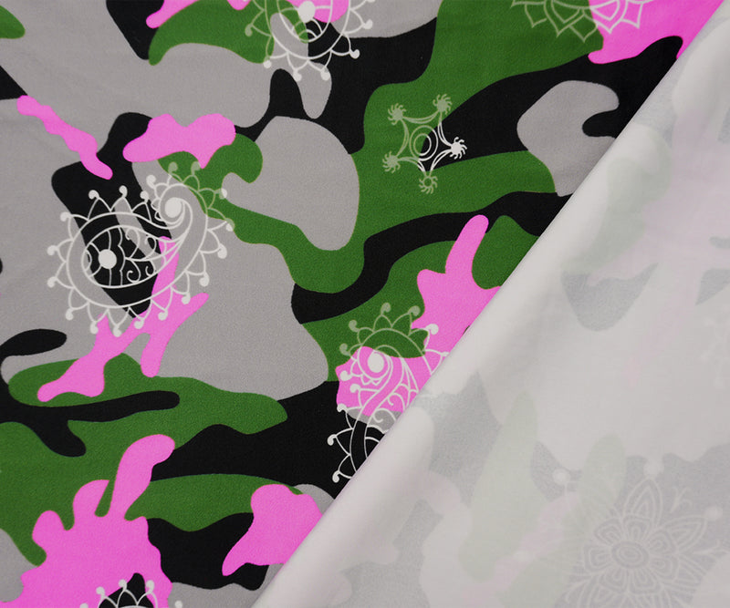Pink-Green Famous Maker Nylon Camo Satin Tricot Knit Fabric