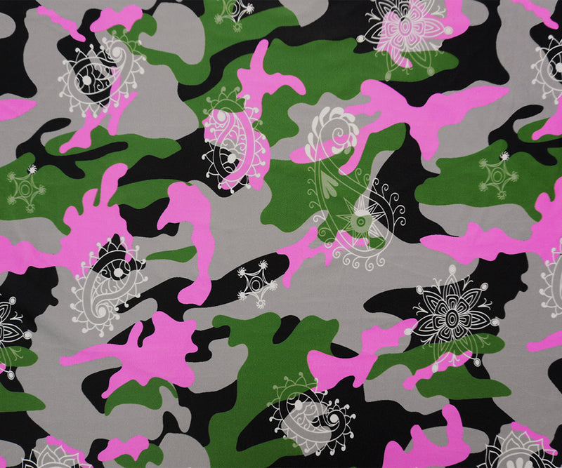 Pink-Green Famous Maker Nylon Camo Satin Tricot Knit Fabric