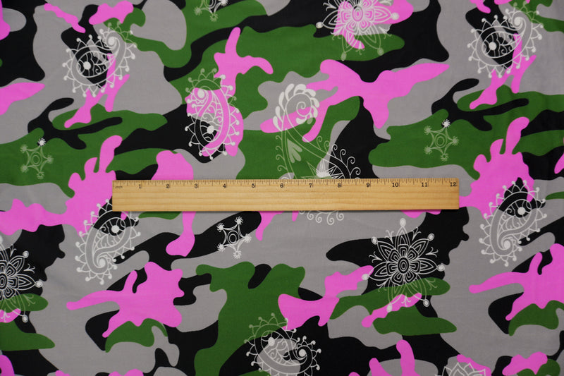 Pink-Green Famous Maker Nylon Camo Satin Tricot Knit Fabric