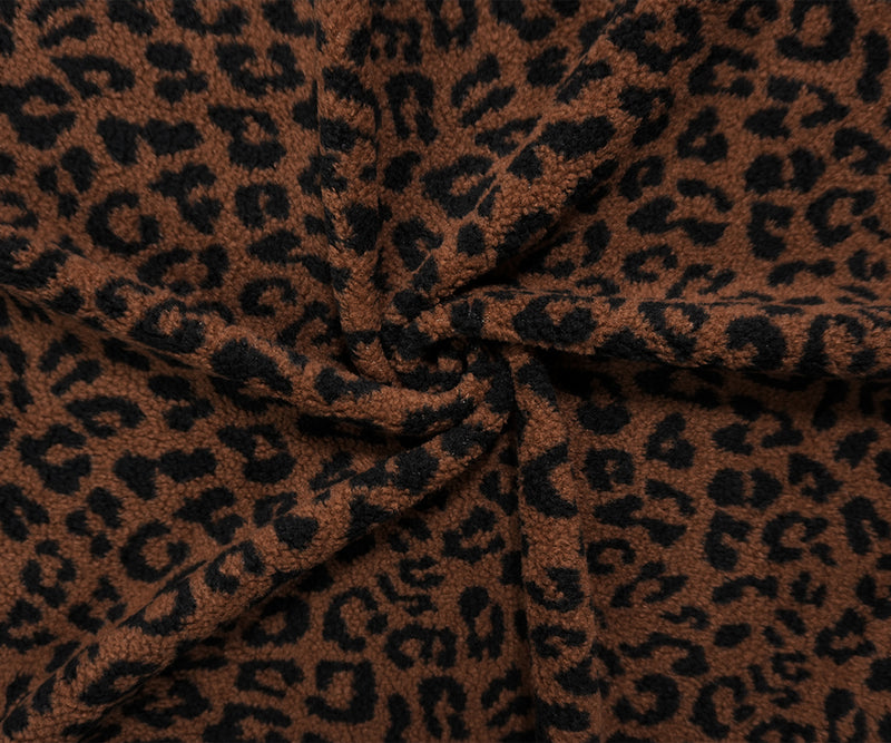 Brown Famous Maker Poly Blend Leopard Sherpa Fleece Knit Fabric